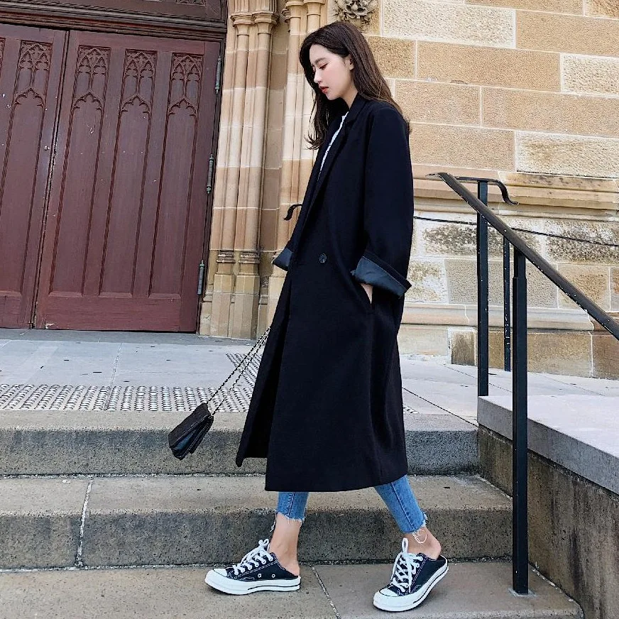 

Photo Shoot INS Classic Versatile Black Ol Small Suit Women's over-the-Knee Long Loose And Plus-sized Able Double Breasted Coat