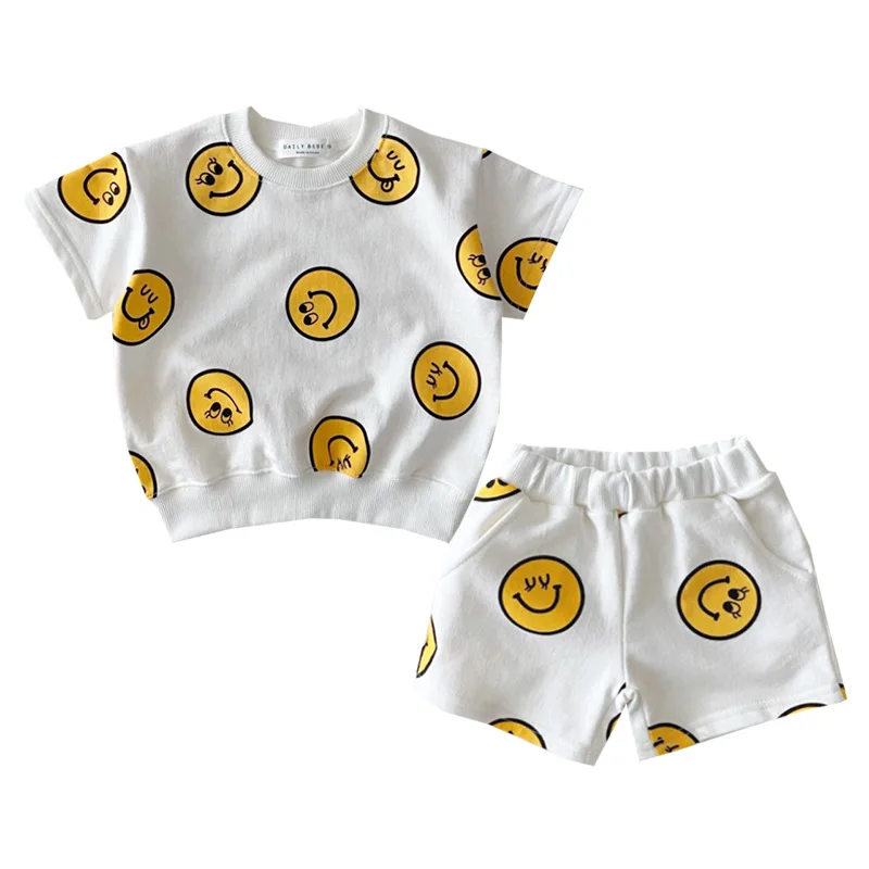 Spring Summer New Cotton Baby Clothes Set Boys And Girl Cute Smiley Print Tops + Shorts 2pcs Kids Children Clothing Suit