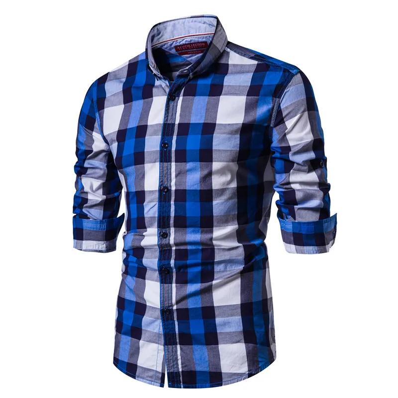 Plaid Shirt Long-Sleeve Spring Business Men Casual Mens Fashion 100%Cotton New Social