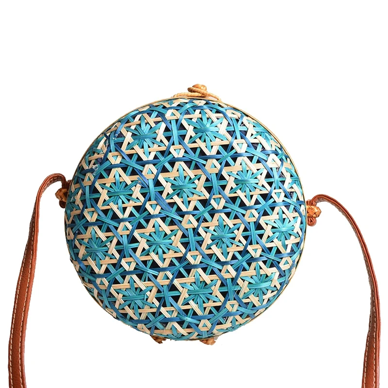 

ABZC-New Round Straw Beach Bag Circle Rattan Bag Women Handbag Colorful Flower Pattern Female Message Shoulder Bag