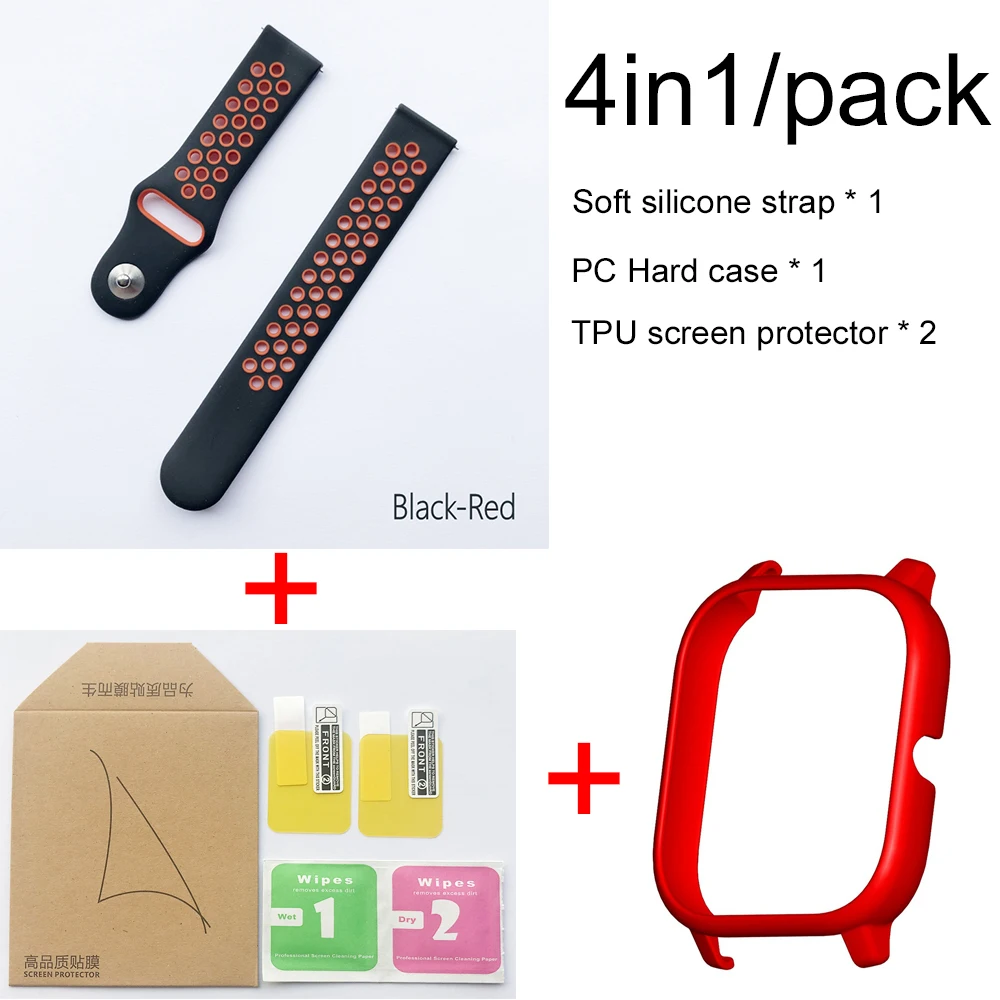 4в1 для Xiaomi Huami Amazfit GTS ремешок мягкий спортивный браслет из силикона Smartwatch Браслет с PC чехол Защита экрана - Цвет: black red-red case