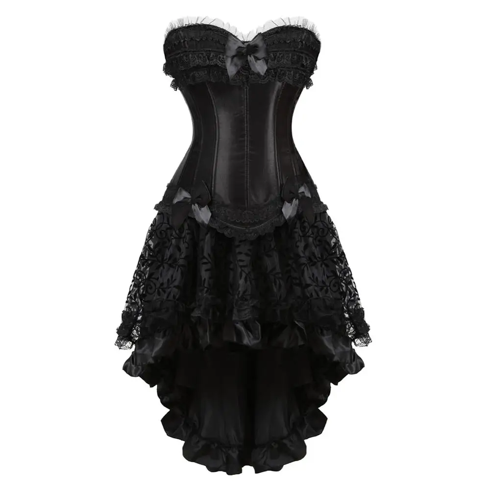 

Grebrafan Gothic Lace Trim Corset Zip Bustier with Fluffy Pleated Layered Tutu Skirt Carnival Party Club Night Costumes