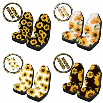 

Universal Sunflower Pattern Car Front Seat Covers with Car Steering Wheel Cover Seat Belt Covers Auto Accessories