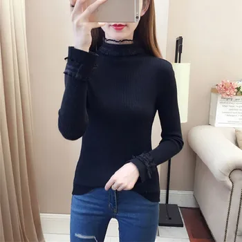 

Autumn Winter Fashion Lace Turtleneck Knitted Sweater Female Casual Long Sleeve Women Sweaters and Pullovers Jumper Tops
