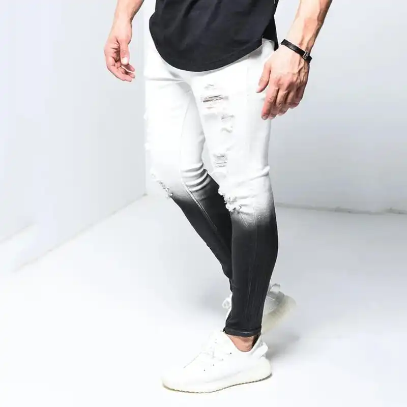 ファッションメンズスキニーストレッチリッピング男性ジーンズスリムフィットデニムズボン21 Newストリートグラデーション白黒のカジュアルなジーンズ男性 ジーンズ Aliexpress