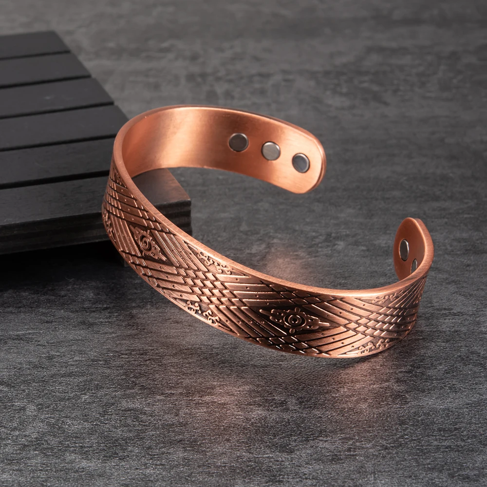 Vinterly Magnetic Pure Copper Bracelet Men Benefits Energy Adjustable Open Cuff Bangles Male Vintage 15mm Wide Jewelry Resizable 6