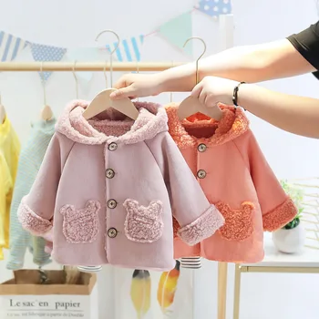 

2020 New Children Winter Jacket Korean Version Thick Solid Color Little Girl Hooded Jacket Cartoon Single-Breasted Plus Velvet