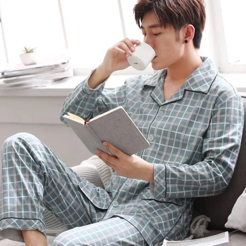 mens designer pjs Spring Autumn Pajama Sets Suit Knitted Cotton Casual Long Sleeve Sleepwear Plaid Home Wear Plus Size Comfortable Pajamas For Men mens cotton pajama sets