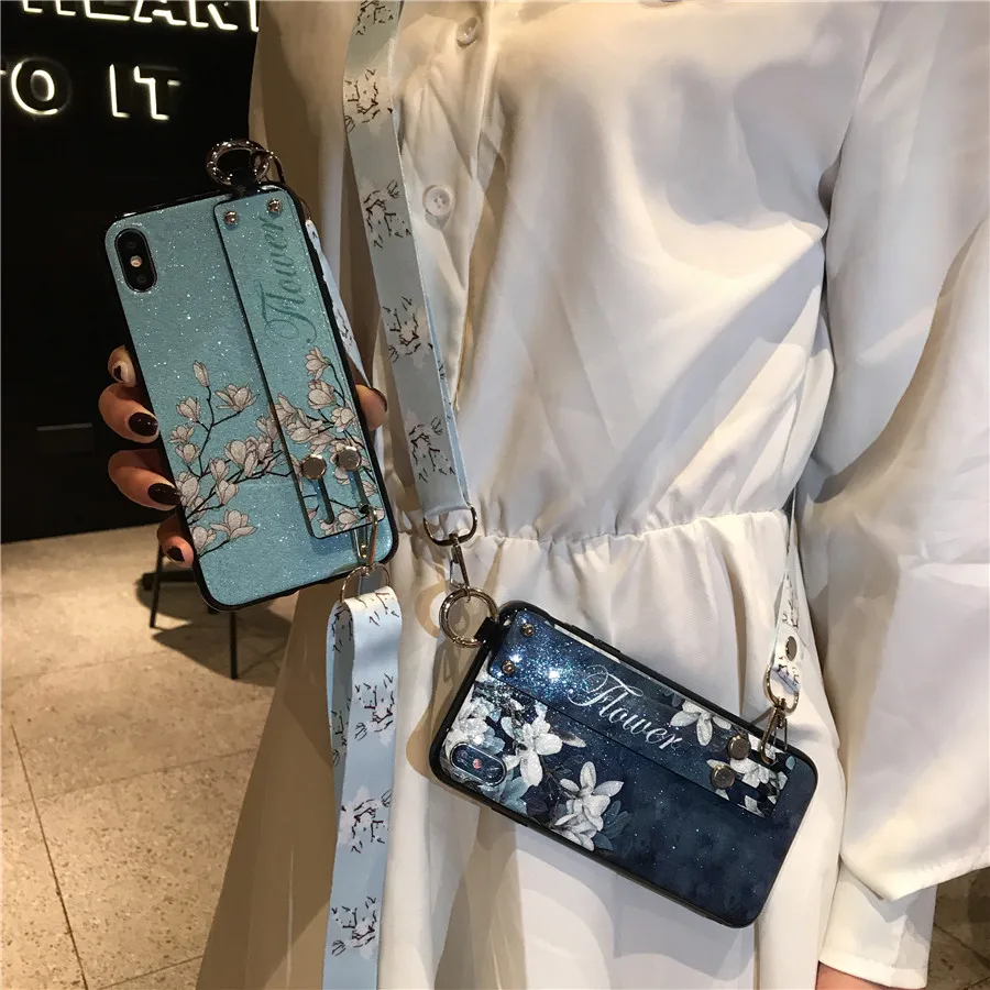 

glossy case for Samsung Galaxy A50 A40 A30 A70 A60 A6S A8S flower style soft silicone case cover A750 coque with strap Bracelets