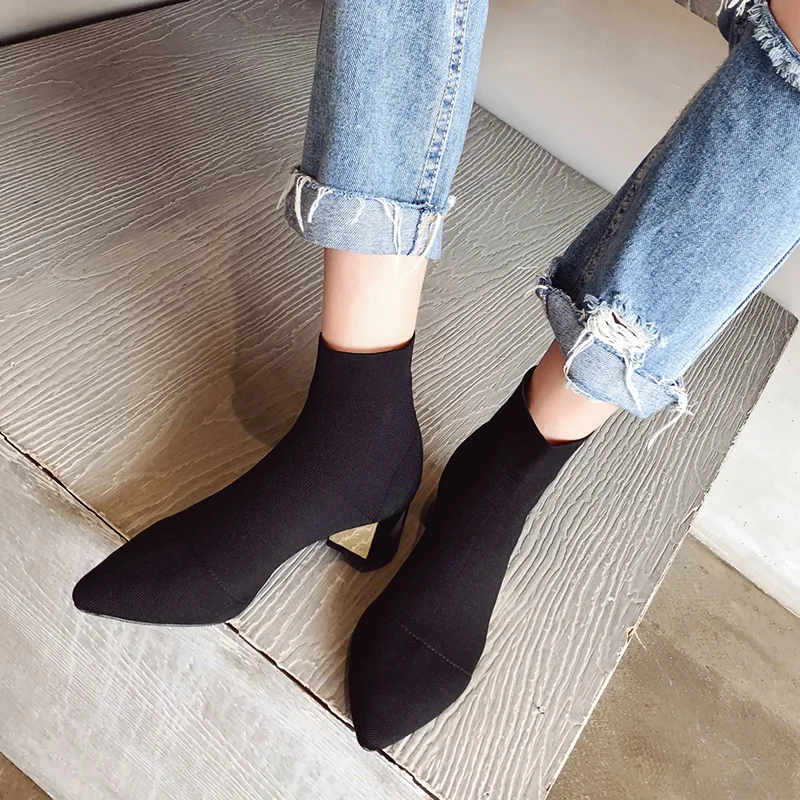 

Ozhouzhan 2019 Autumn & Winter New Style Pointed-Toe Knit Yarn Chunky-Heel Square Head Stretch Fabric Chelsea Semi-high Heeled S