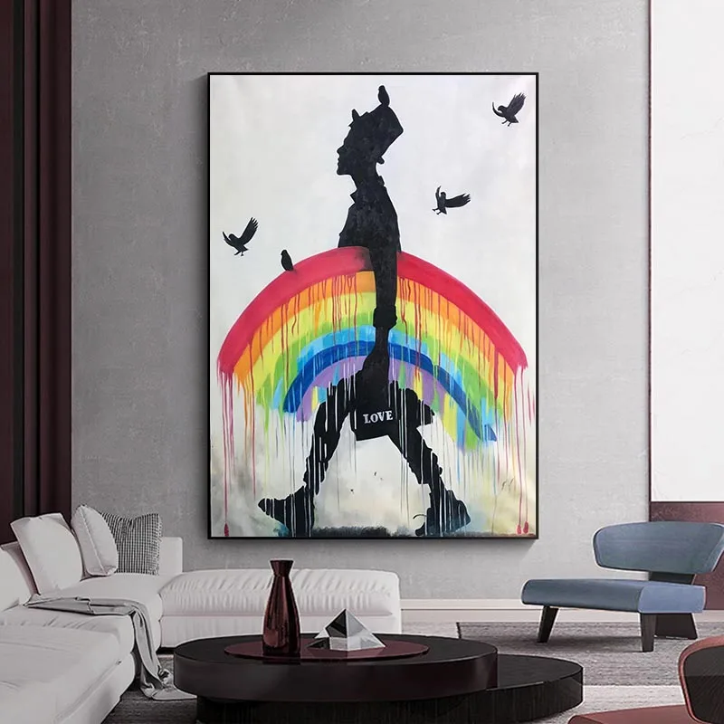 

Rainbow Rain Man Birds Hat Art Canvas Painting Street Graffiti Banksy Style Modern Wall Art Picture for Living Room Home Decor