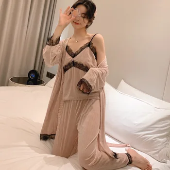 

Autumn and winter striped sexy belt chest pad velvet pajama set velvet strap pajamas three-piece home service
