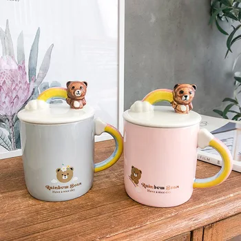 

400ml Korean version of rainbow cartoon bear coffee mug creative ceramic cup cute student milk breakfast mugs couple cup