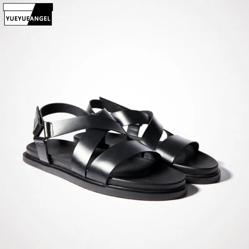 Mens Leather Buckle Gladiator Roman Strap flip flops Casual Sandals Shoes Black