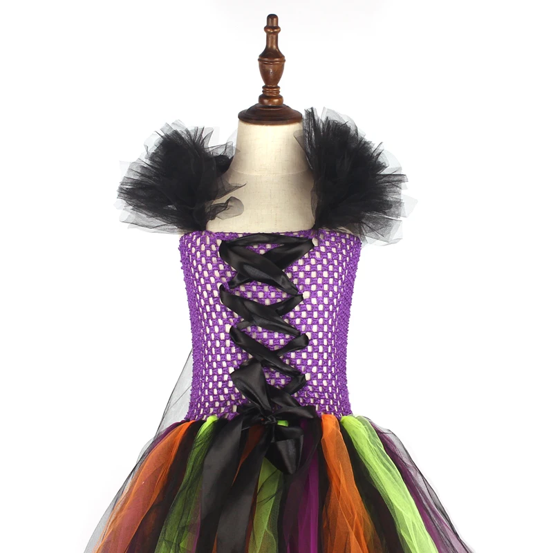 Платье-пачка ведьмы на хеллоуин для девочек; Радужное платье со шлейфом из тюля; детское карнавальное платье для костюмированной вечеринки; детское нарядное бальное платье; костюм