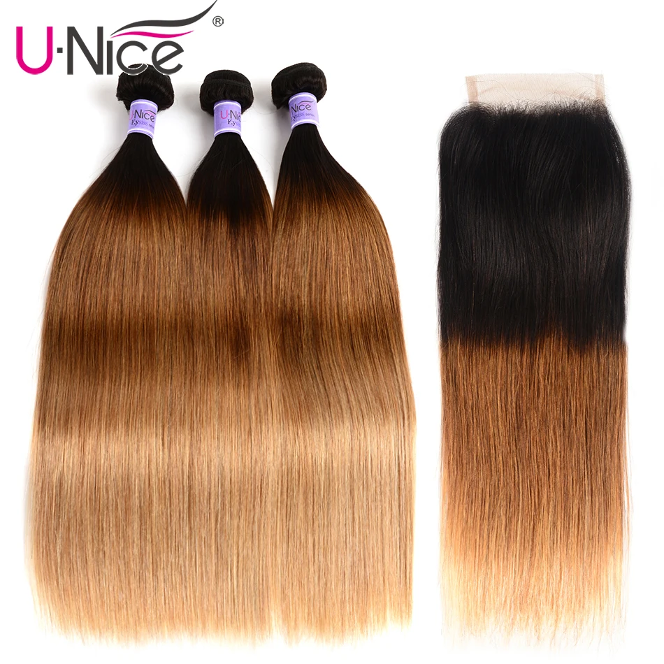 Волосы UNice Kysiss серии T1B/4/27 перуанские прямые волосы Ombre 3 пряди с закрытием 16 26