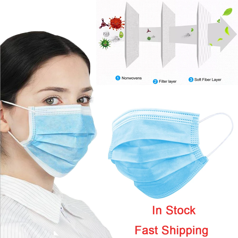 

Fast Delivery 50pcs Civilian Disposable Mouth Protective Face Mask 3 Layers Anti-virus Ear Loop Anti Dust Safety Mask