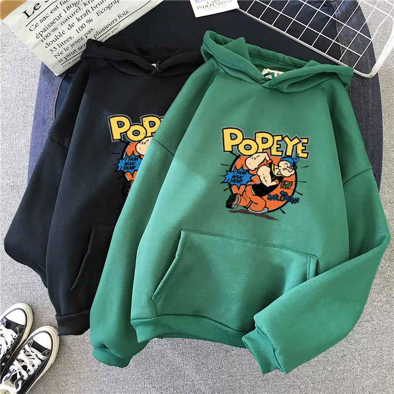 Женские толстовки Popeye, толстовка, бархатный утепленный пуловер, негабаритный спортивный костюм с капюшоном, уличная одежда, милая толстовка с капюшоном Kawaii