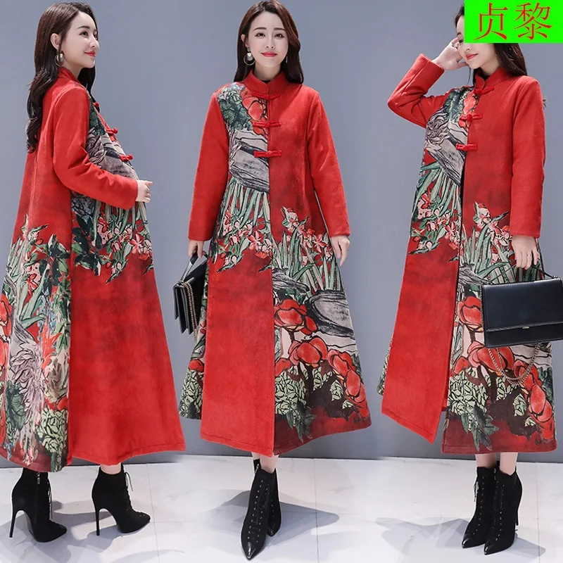 

2018 Winter New Style WOMEN'S Dress China Ethnic-Style Embroidered Lengthen Cotton-padded Clothes over-the-Knee to Ankle Cotton