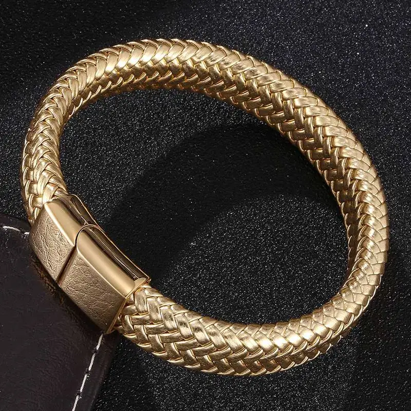 Luxury Gold Men's Leather Bracelet Quality Stainless Steel Gold Color