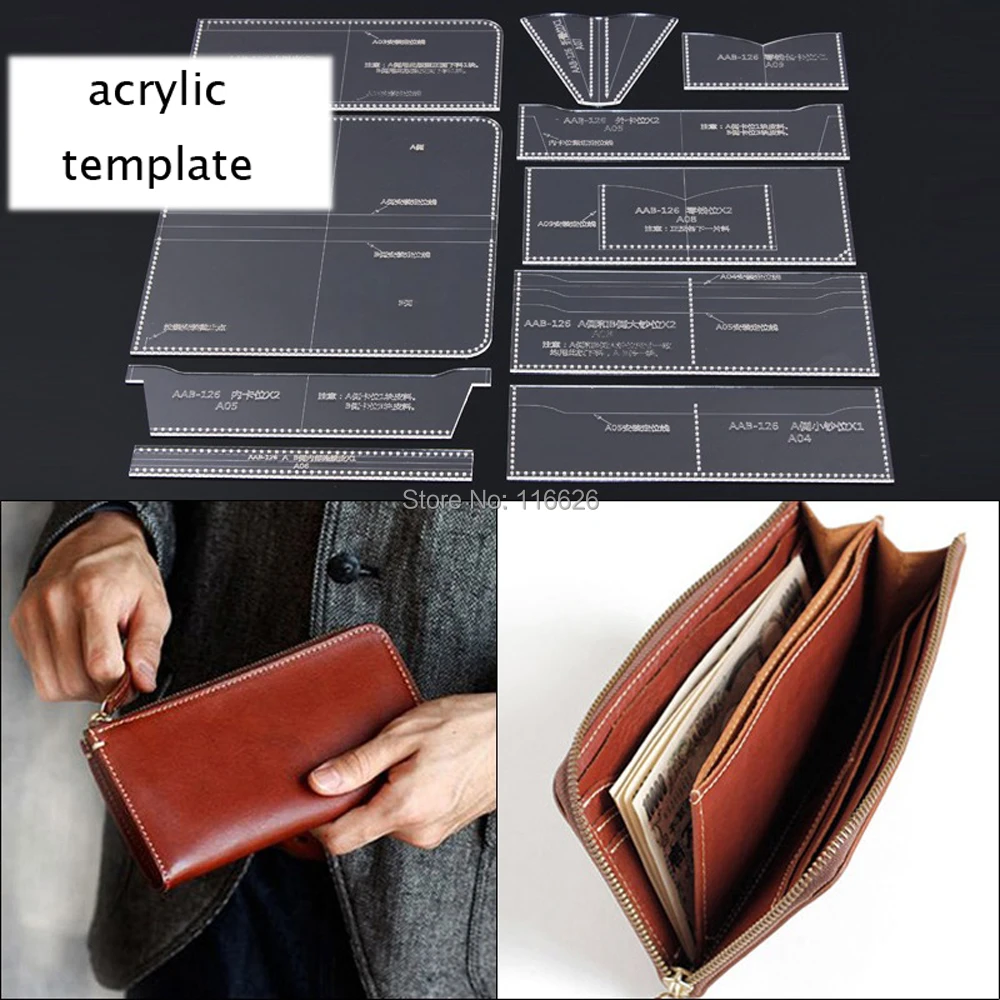 

DIY leather craft men card holder zipper wallet acrylic template stencil pattern 20x10x1.5cm