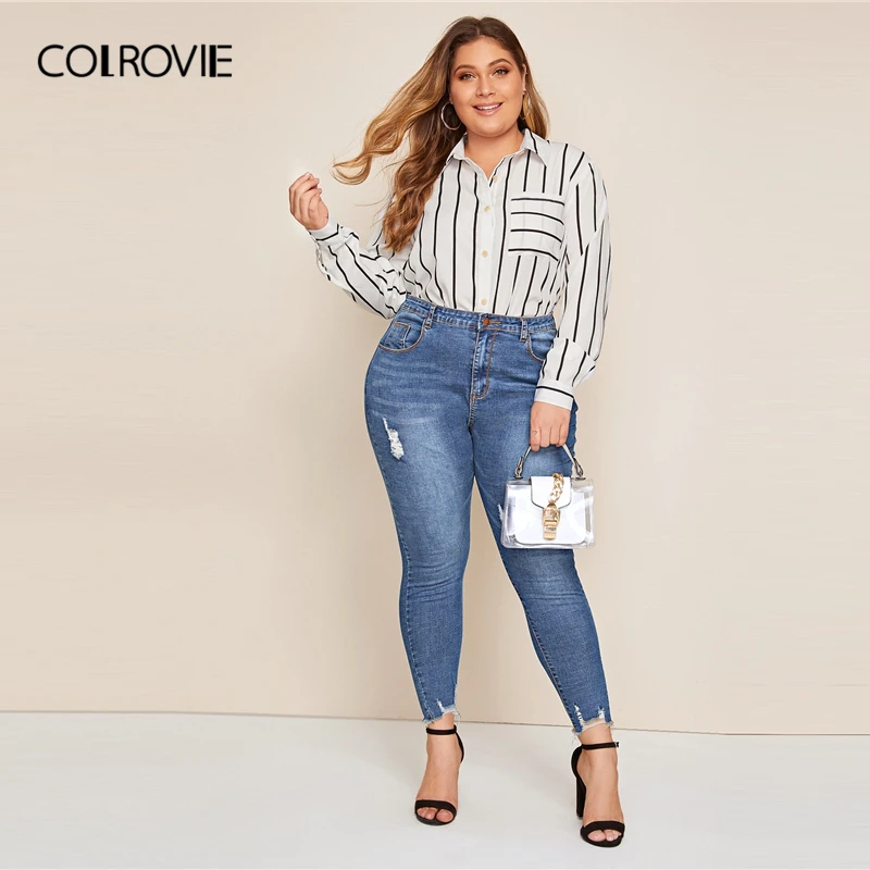 Женские рваные джинсы с потертостями COLROVIE Plus осень 2019 синие на пуговицах