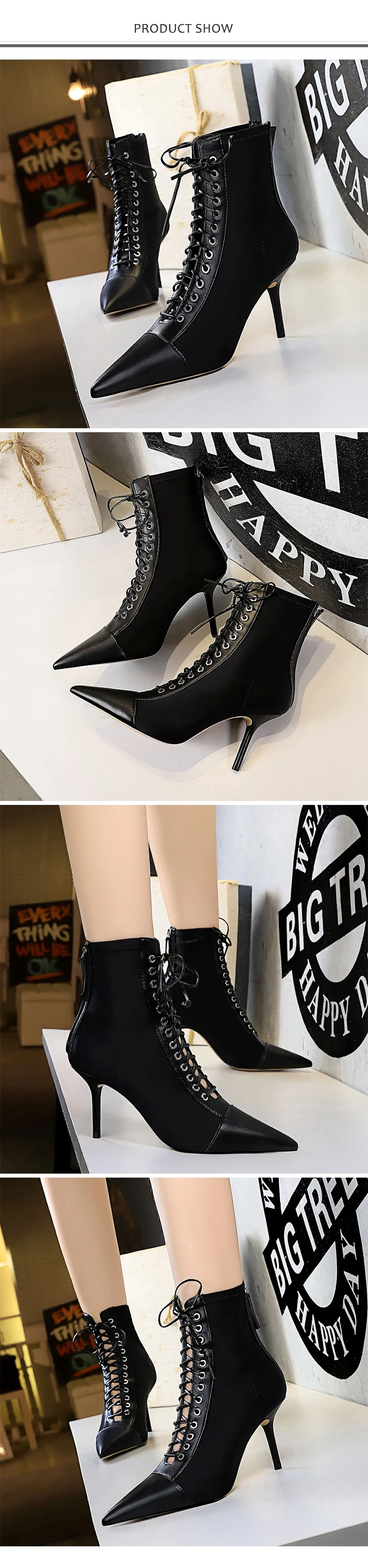 Г. Новые Демисезонные женские ботильоны пикантная женская обувь на высоком тонком каблуке, с острым носком, на шнуровке, на молнии черные ботинки