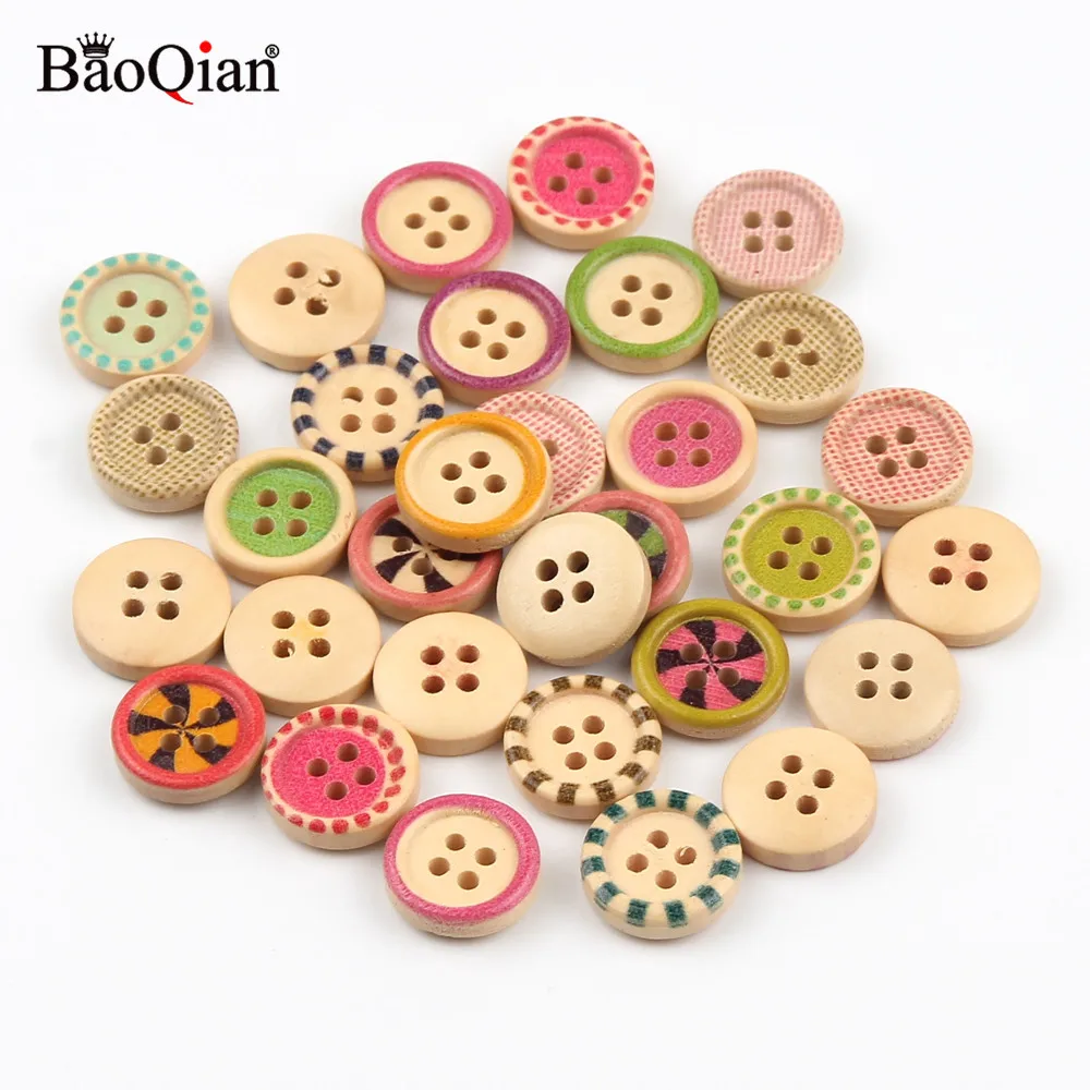 100pcs 25mm Heart Wooden Buttons 2 Holes Mixed Colors Flower Pattern Printed Heart Buttons Wood Decorative Button for Sewing Scrapbooking DIY