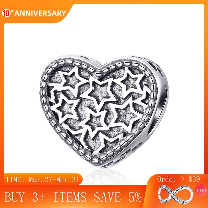 

CodeMonkey Genuine 925 Sterling Silver Valentines Day Gift Heart Shape Star Pave Beads fit Women Bracelets Bangles Jewelry C1052