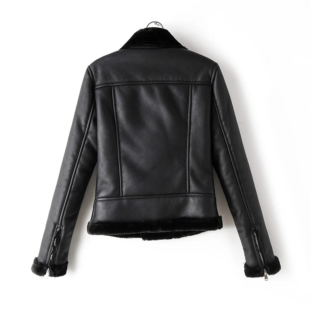 astounding Thick warm black PU leather jacket ladies winter coat zipper motorcycle jacket street clothing warm