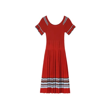 

Women Dress French Short Sleeve Knit Pleated Red Midi Dress