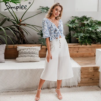 

Simplee Casual high waist women wide leg pants Loose button zipper female long trousers Holiday spring summer ladies white pants