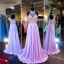 Лавандовые платья для выпускного вечера с бретелькой через шею, шифоновые пышные платья трапециевидной формы с воротником из бисера, вечерняя одежда, открытая сексуальная спина, платье для выпускного вечера