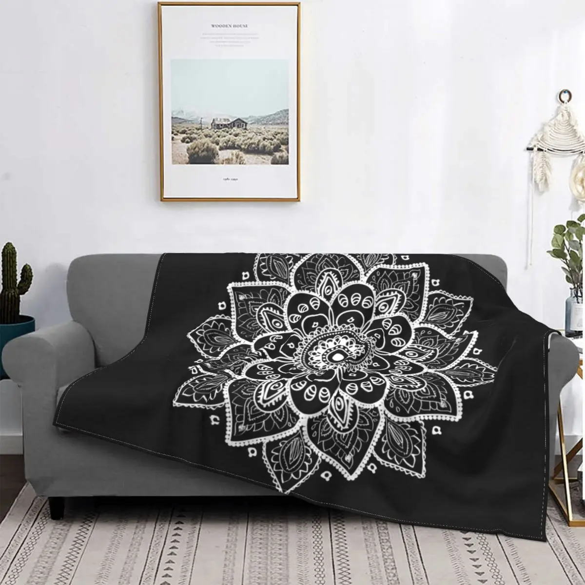 

White Ornate Floral Mandala Blanket Circle Black Plush Warm Ultra-soft Flannel Fleece Throw Blankets For Bedspread Bedding Quilt