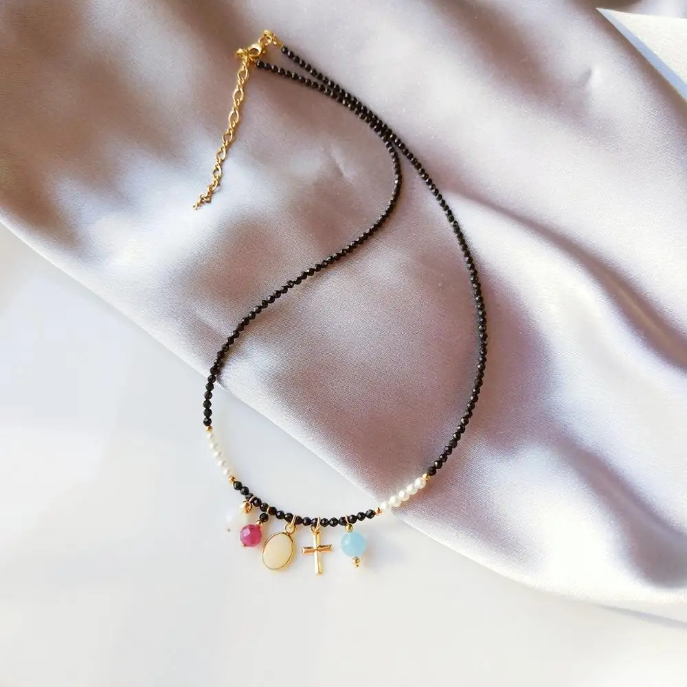 

Lii Ji Genuine Stone Choker Necklace Ruby Spinel 9K Yellow Gold Australian White Opal Charm US 14K GF Cross Delicate Necklace