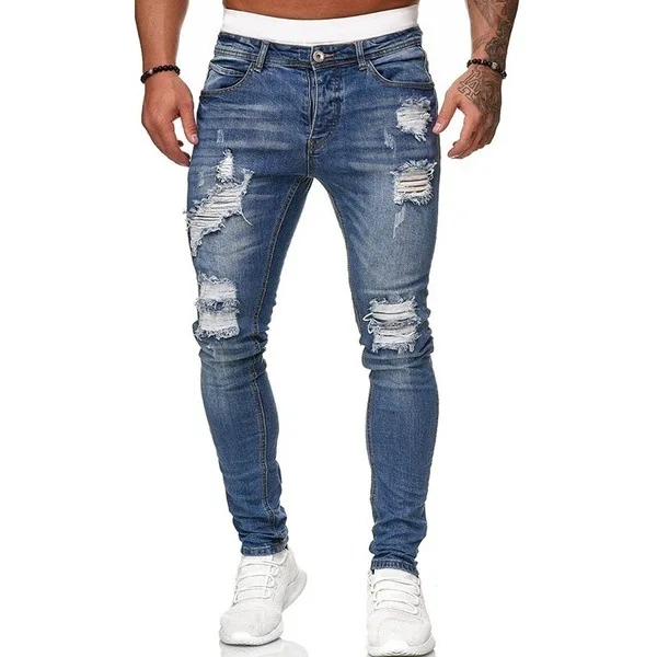 blue jeans for men 2021 Men's Punk Style Sweatpants Sexy Hole Jeans Pants Casual Summer Autumn Male Ripped Skinny Trousers Slim Biker Outwears Pant mens slim jeans