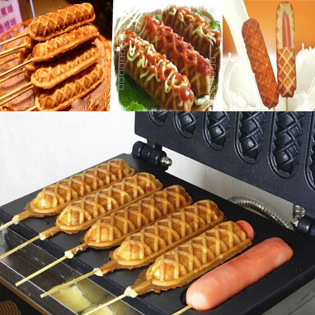 Red tide Electric Waffle Sausage Machine Crispy French Hot Dog Lolly Stick Breakfast Frying Pan Hotdog Corn Baking Barbecue Grill EU 