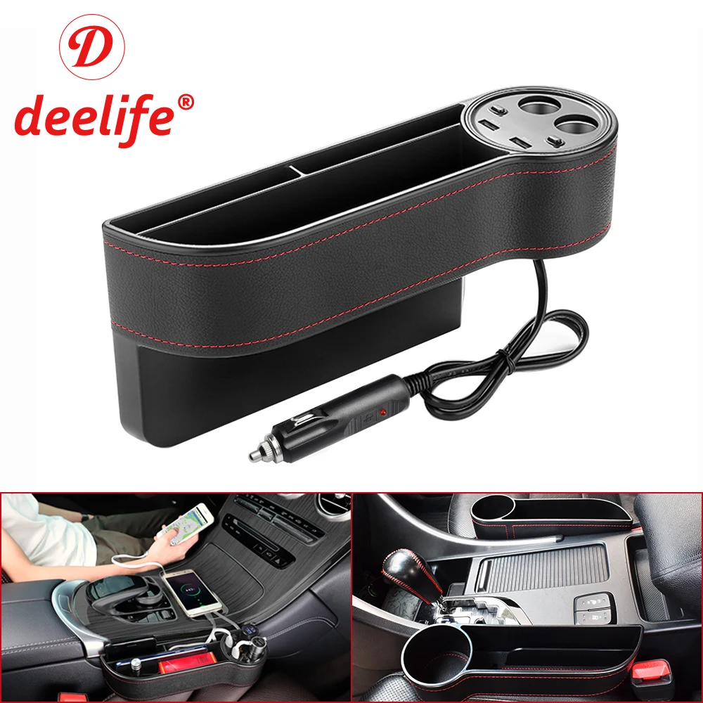 Comprar Deelife organizador de asiento de coche Gap Pocket PU caja de almacenamiento de grietas de cuero con 2 cargador USB Auto Universal para el conductor del pasajero