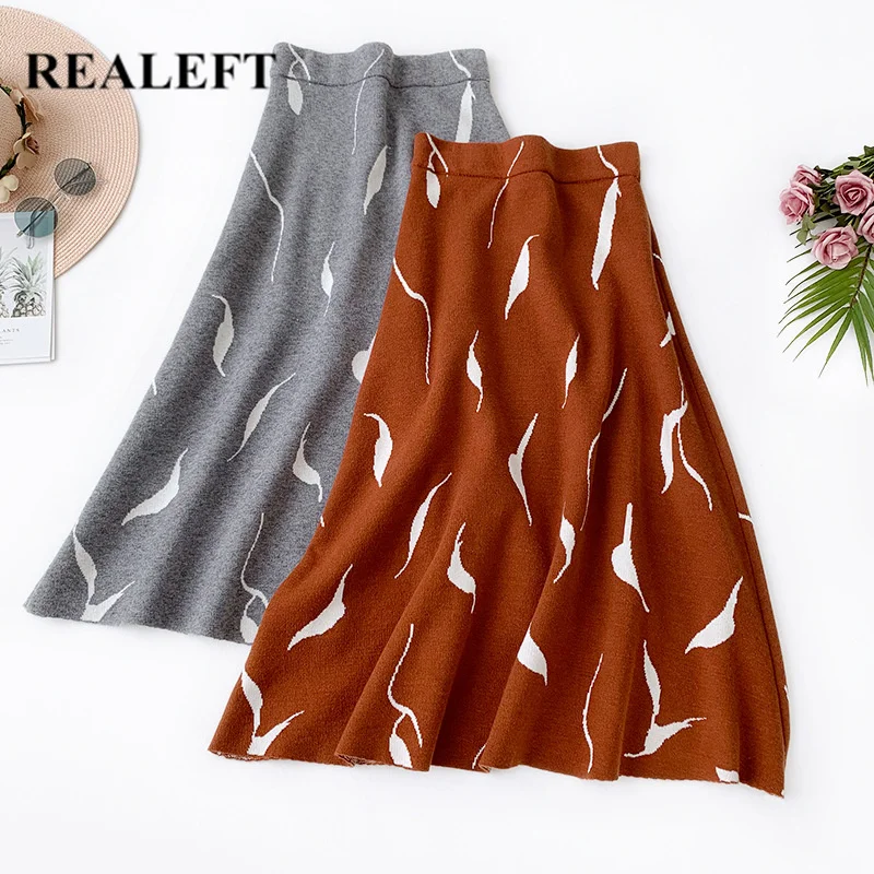 

REALEFT Autumn Winter Women Print Casual Midi Skirt High Waist Warm Knitted Woolen A-Line Elegant Knee-Length Skirts Office Lady