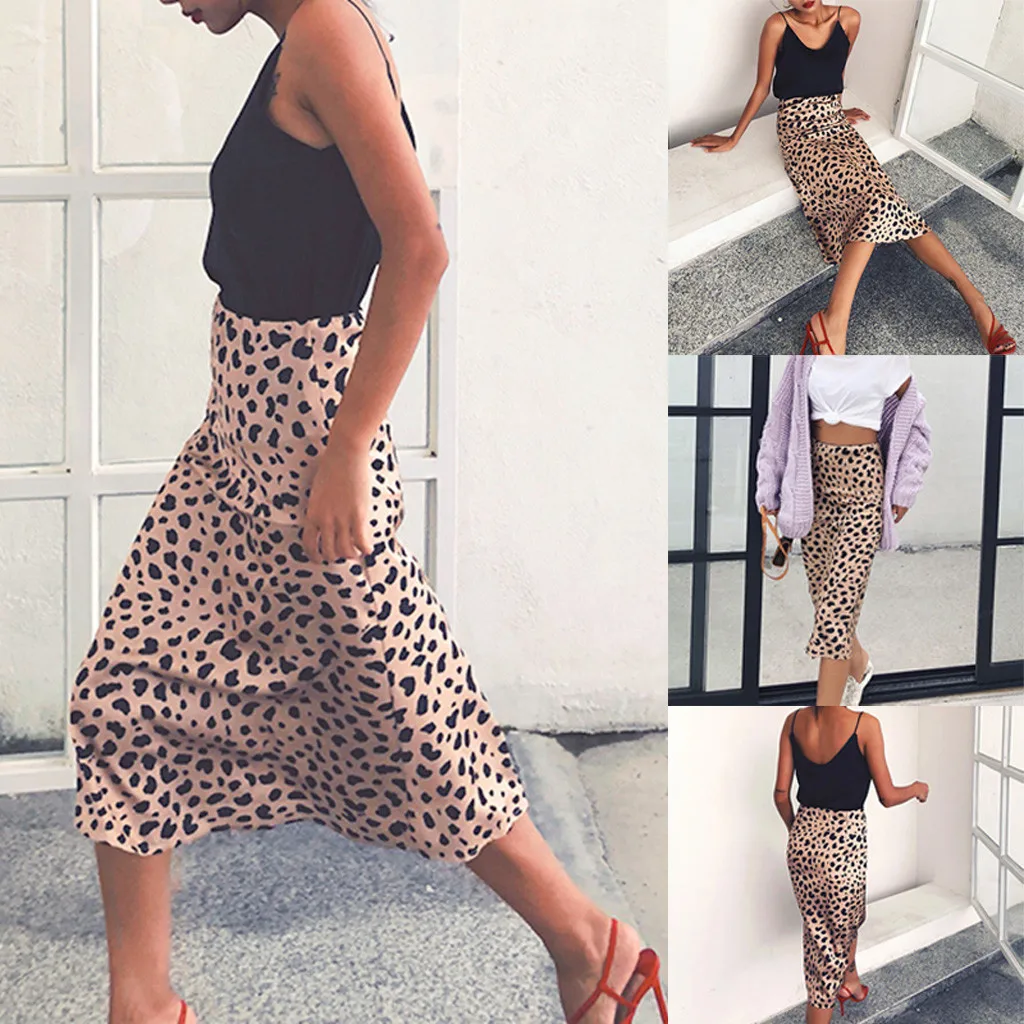 High Waist Leopard Midi Skirt Female Hidden Elasticized Waistband Silk Satin Skirts Slip Style Animal Print Skirt Women Plus #35 2