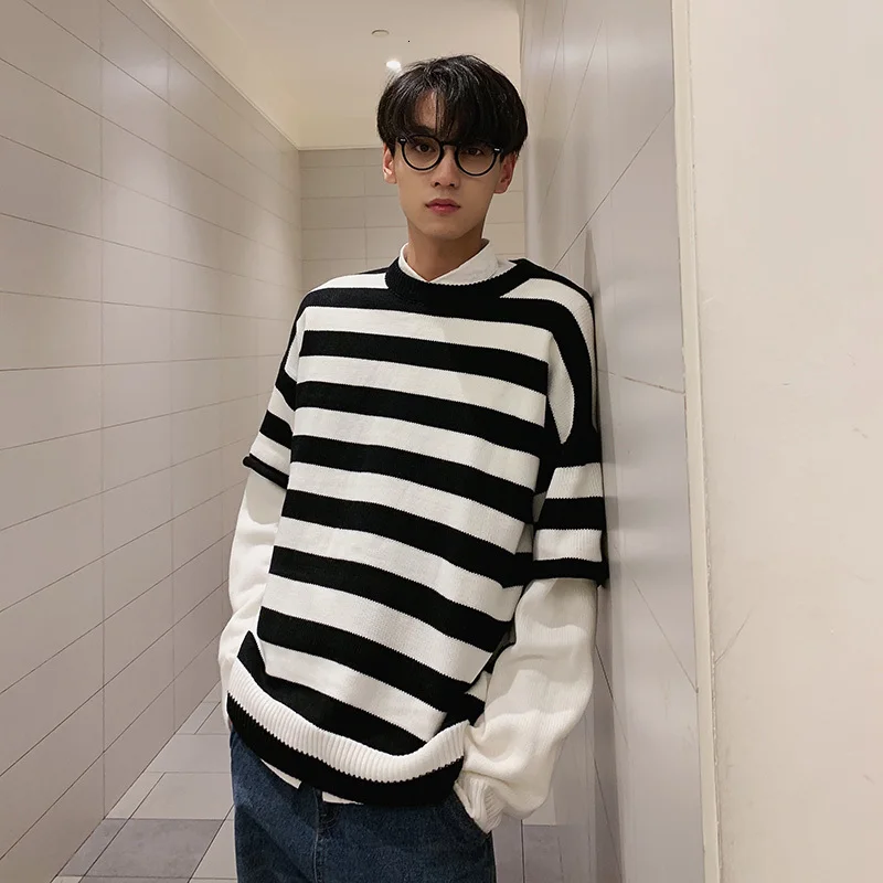 UYUK2019 осенне-зимний тренд свободный облегающий мужской свитер с двумя полосками D с подходящими водолазками Hombre - Цвет: BLACK