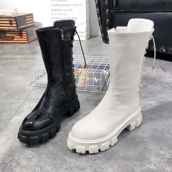 

British Patent Leather Women's Boots High Wedge Heel Platform Lace-up Side Zipper Martin Boots White Mid-Tube Boots