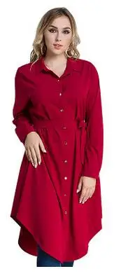 Однотонная Длинная блузка размера плюс 4XL 5XL 6XL, женская рубашка с длинным рукавом, асимметричные свободные топы с поясом, блузы красного, черного и зеленого цвета DC608
