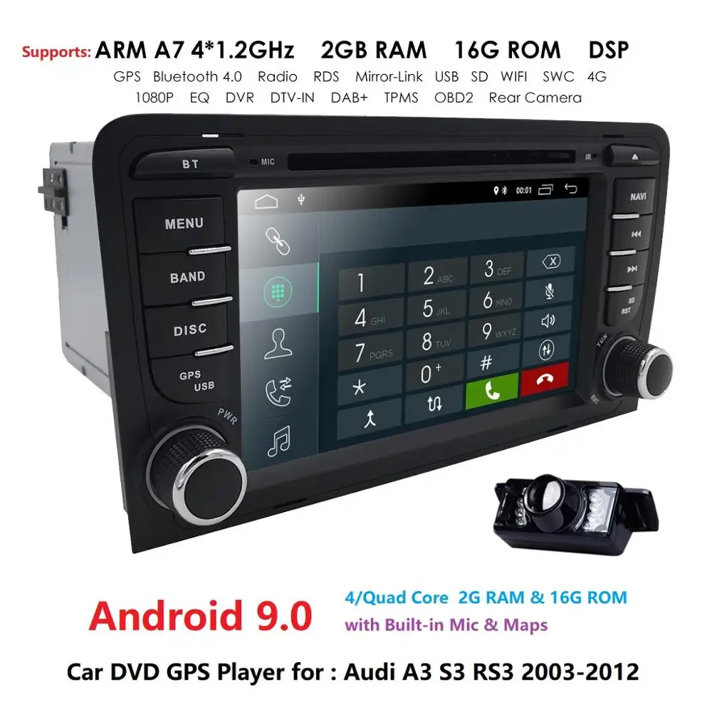 Sale Ossuret Quad core 2 din Android 9.0 Car GPS Navigation for Audi A3 (2003-2011) Stereo AutoRadio Bluetooth WIFI 4G DVD DAB CAM 3