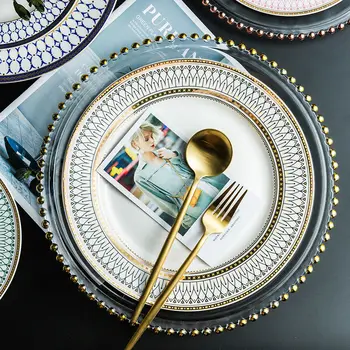

Elegent Glass Pearl Plate High-end Gold-plated Ceramics Disc Steak Salad Dish Wedding Banquet Dessert Pendulum Disc Saucer