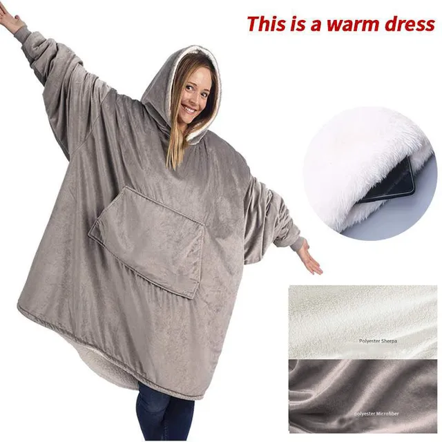 Winter Oversized Hoodies Women Warm TV Blanket with Sleeves Pocket Flannel Plush Thick Sherpa Giant Hoody Long Sweatshirt GRAY