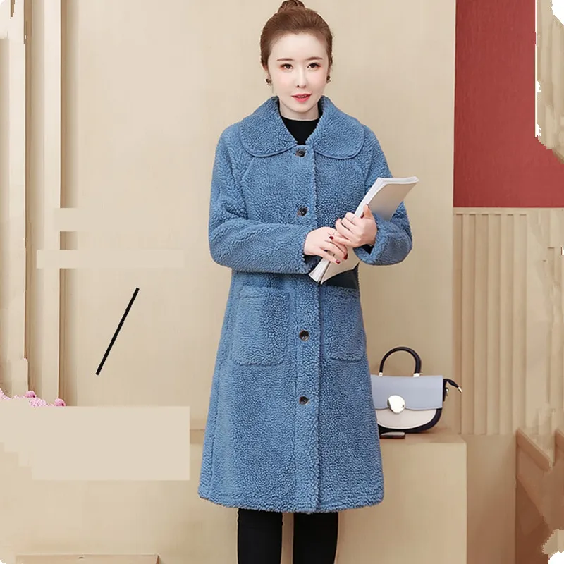 blue UHYTGF женские зимние пальто, качественная Меховая куртка из овечьей шерсти, элегантное женское пальто больших размеров, повседневное теплое длинное меховое пальто 586 - Цвет: blue