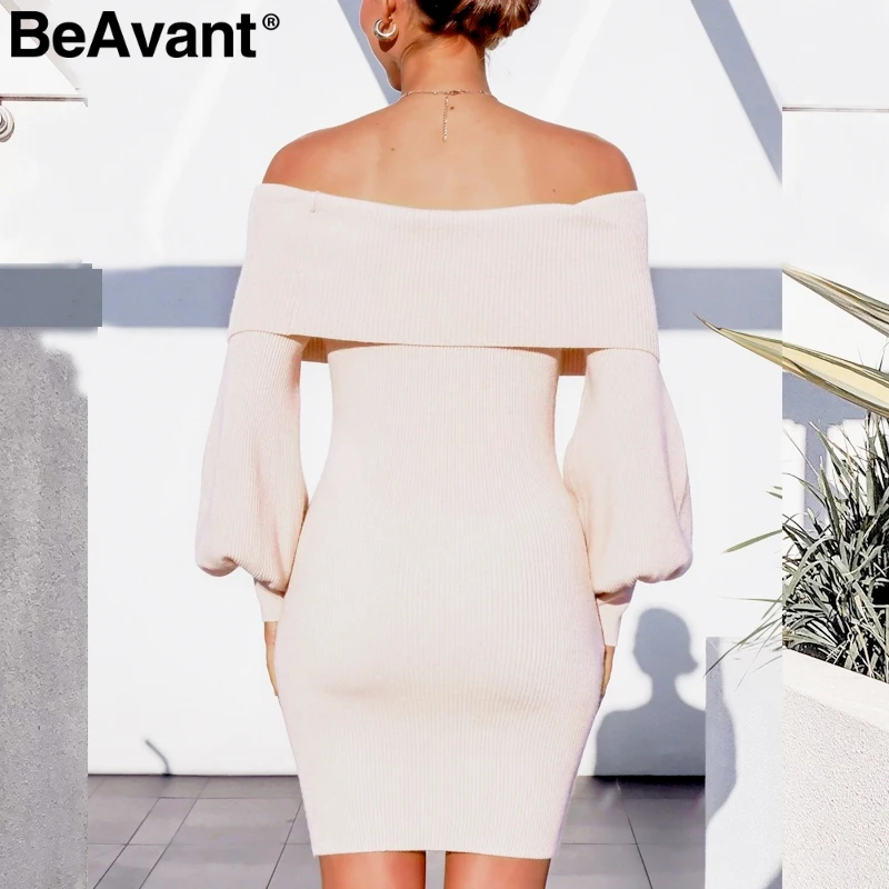 BeAvant элегантное женское платье с открытыми плечами, платье-футляр с пышными рукавами, женское Трикотажное вечернее платье, однотонное осеннее женское шикарное офисное платье
