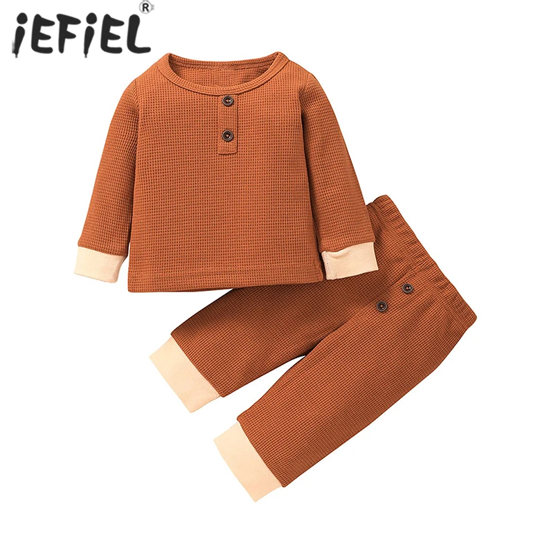 

Newborn Baby Boys Girls Clothes Cotton Sets Print Long Sleeve Waffle Knitted Tops+Pants 2pcs Home Outfits Baby Autumn Clothing