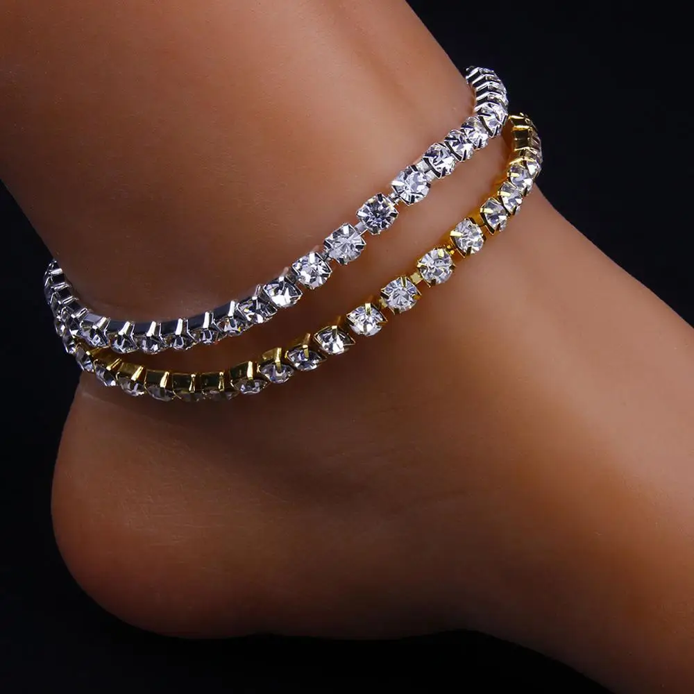Gold Anklet Rhinestone Crystal Ankle Bracelet Tennis Chain Boho Beach Anklets for Women Jewelry Sandals Foot Bracelets